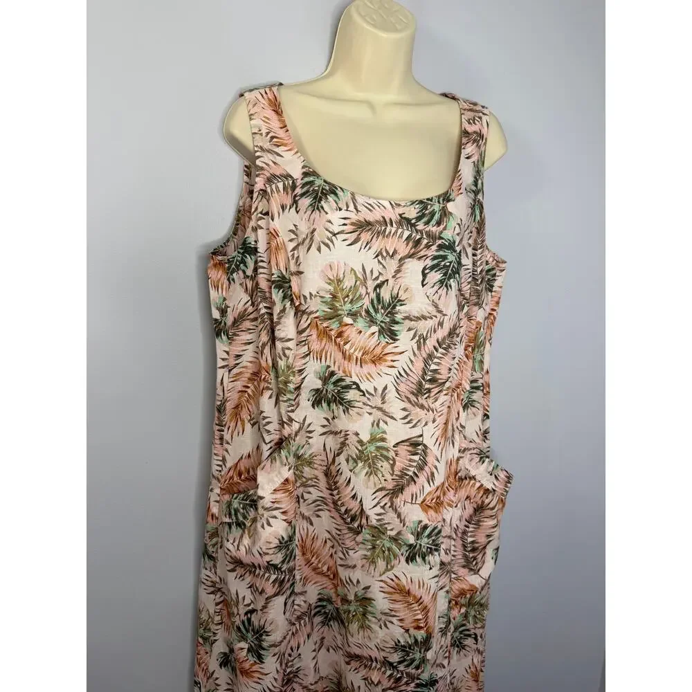 J.jill Love Linen Palm Leaf Soft Pink Pocket Maxi Dress Coastal Beach XL new